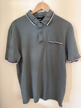 Hugo Boss Olive Green Polo with White & Burgundy Trim size large